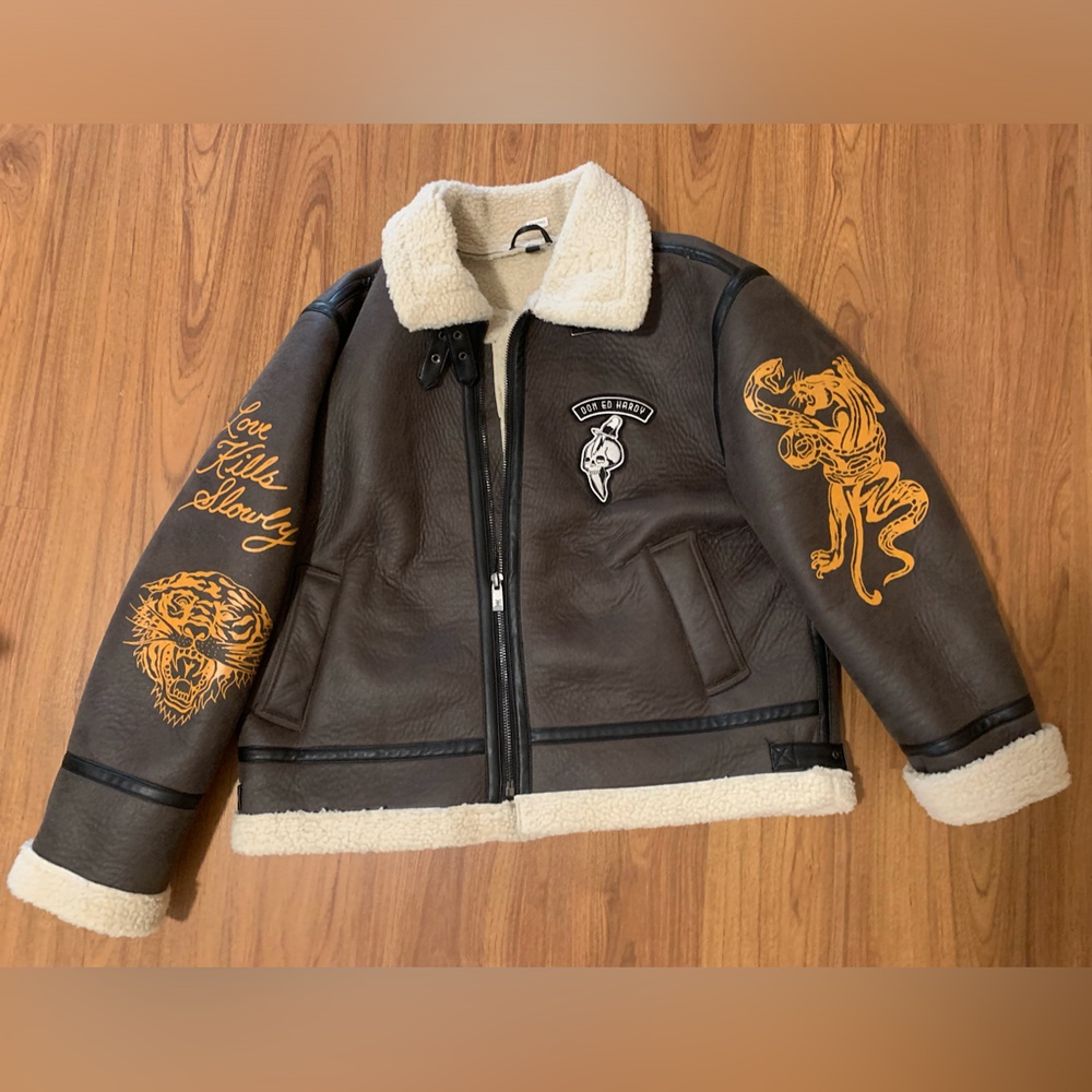 ED HARDY🐍💀dark brown Aviator Shearling suede fur skull cobra bomber jacket